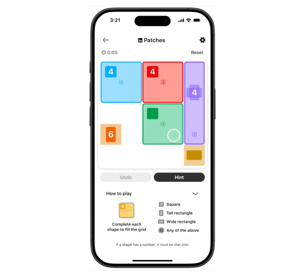 LinkedIn Patches official tutorial showing the real game board