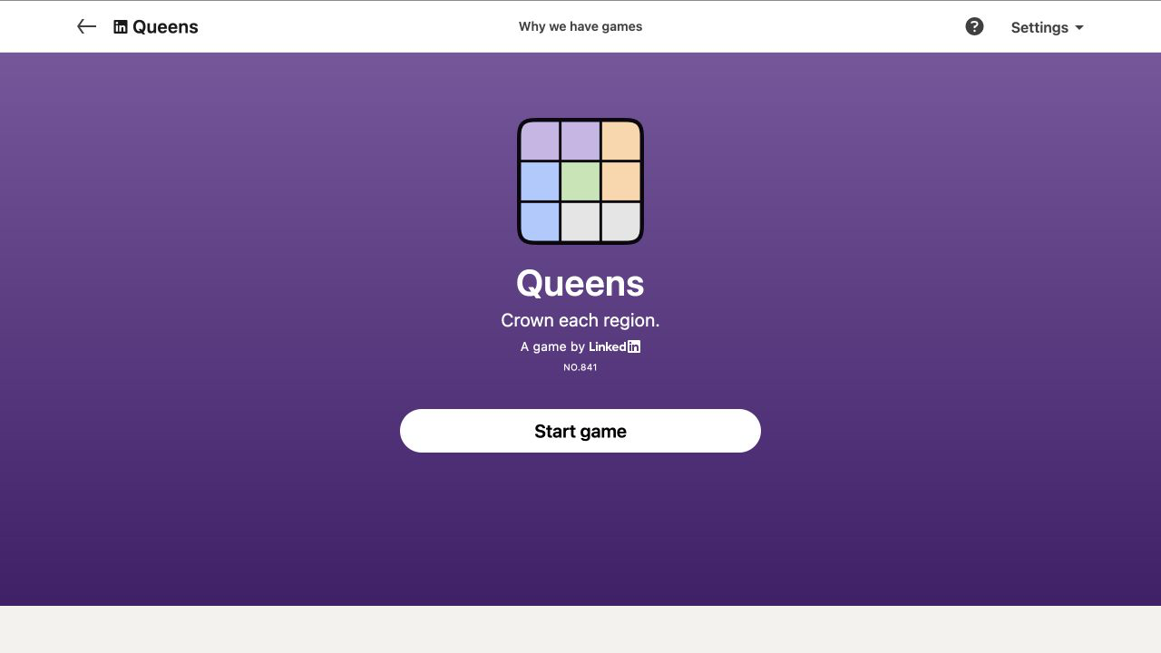 LinkedIn Queens official start screen